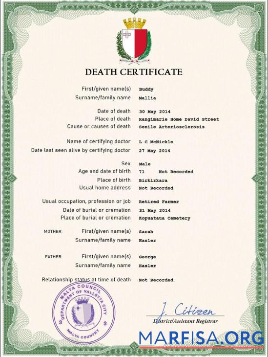 Downloadable Malta vital record death certificate PSD template